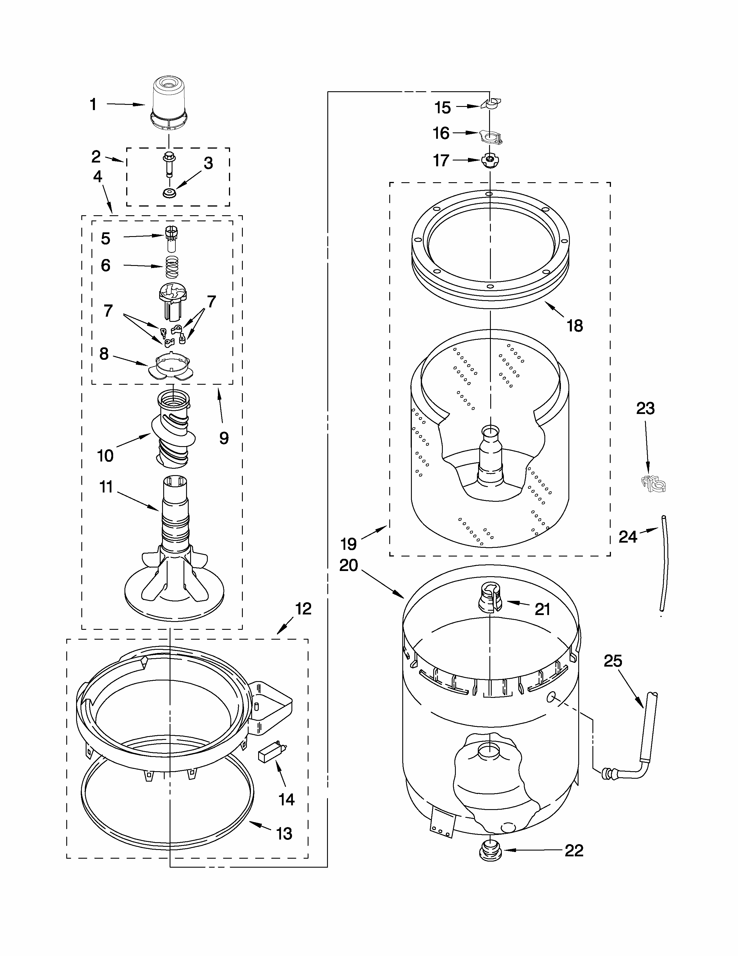 Agitator, Basket And Tub Parts Diagram and Parts List for 3RMTW4905TW2  Maytag Washer
