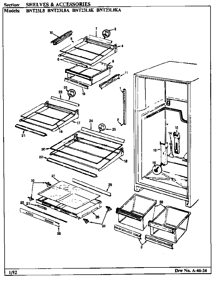 Shelves & Accessories Diagram and Parts List for BNT23L8K BL91A Maytag Refrigerator