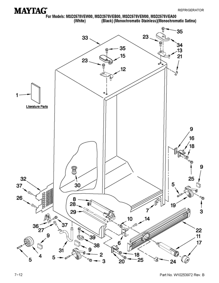 Cabinet Parts Diagram and Parts List for MSD2578VEW00  Maytag Refrigerator
