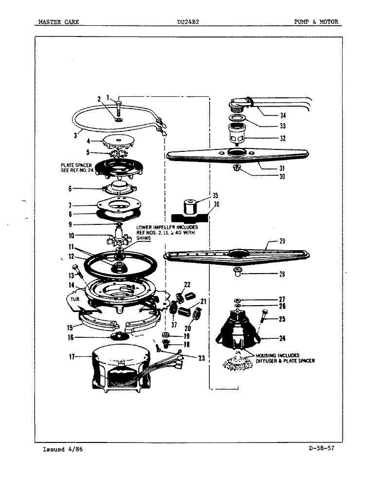 PUMP & MOTOR Diagram and Parts List for DU24B2  Maytag Dishwasher