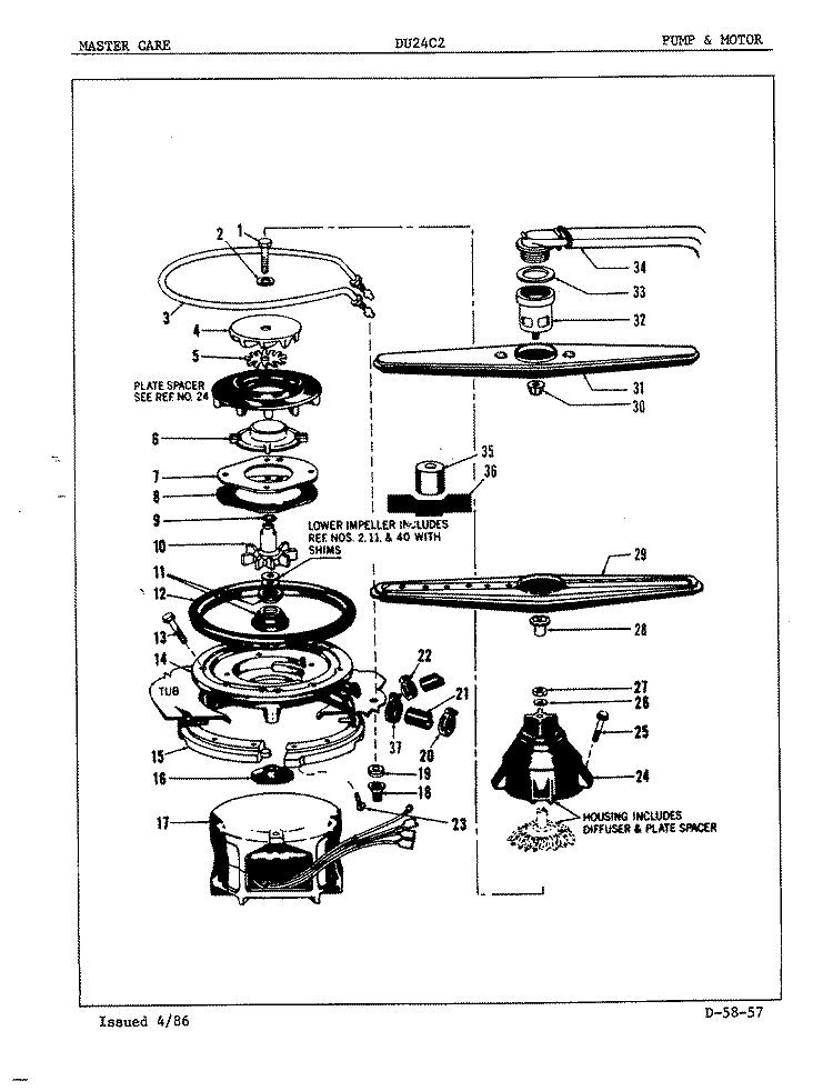 PUMP & MOTOR Diagram and Parts List for DU24C2  Maytag Dishwasher