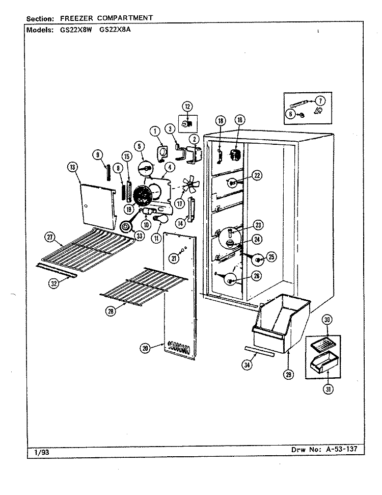 FREEZER COMPARTMENT Diagram and Parts List for GS22X8A DR17A Admiral Refrigerator