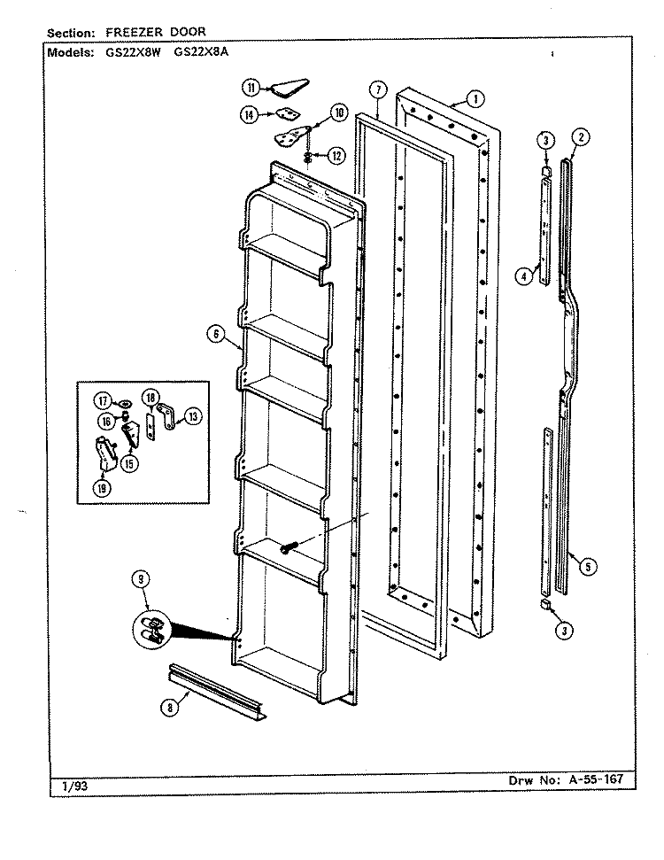 FREEZER DOOR Diagram and Parts List for GS22X8A DR17A Admiral Refrigerator