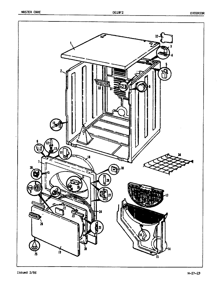 EXTERIOR Diagram and Parts List for DG18F2WW  Admiral Dryer