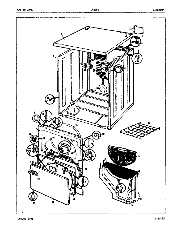 EXTERIOR (REV. A - H) Diagram and Parts List for DG20F5WW  Magic Chef Dryer