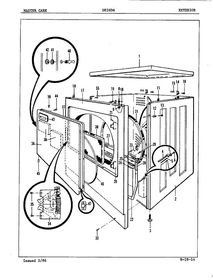 EXTERIOR Diagram and Parts List for DE26D6  Admiral Dryer