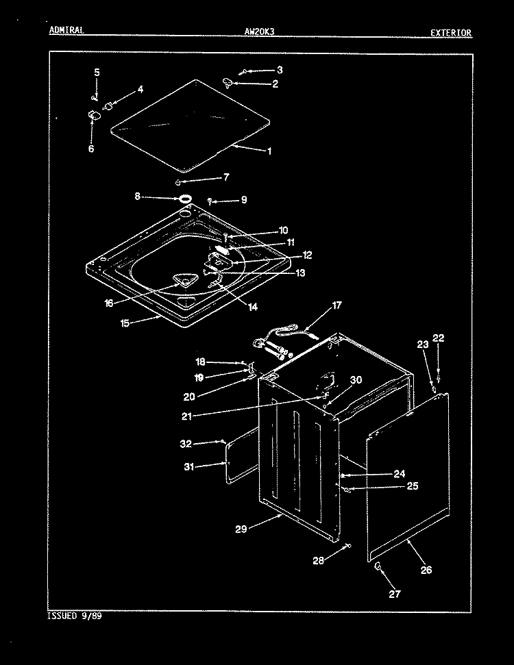 EXTERIOR (REV. E - J) Diagram and Parts List for AW20K3W  Admiral Washer