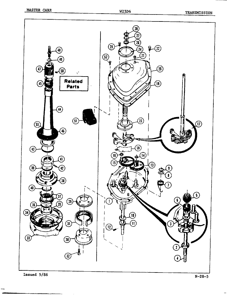 TRANSMISSION Diagram and Parts List for W25D6W  Admiral Washer