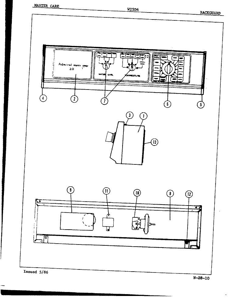 CONTROL PANEL Diagram and Parts List for W25D6W  Admiral Washer