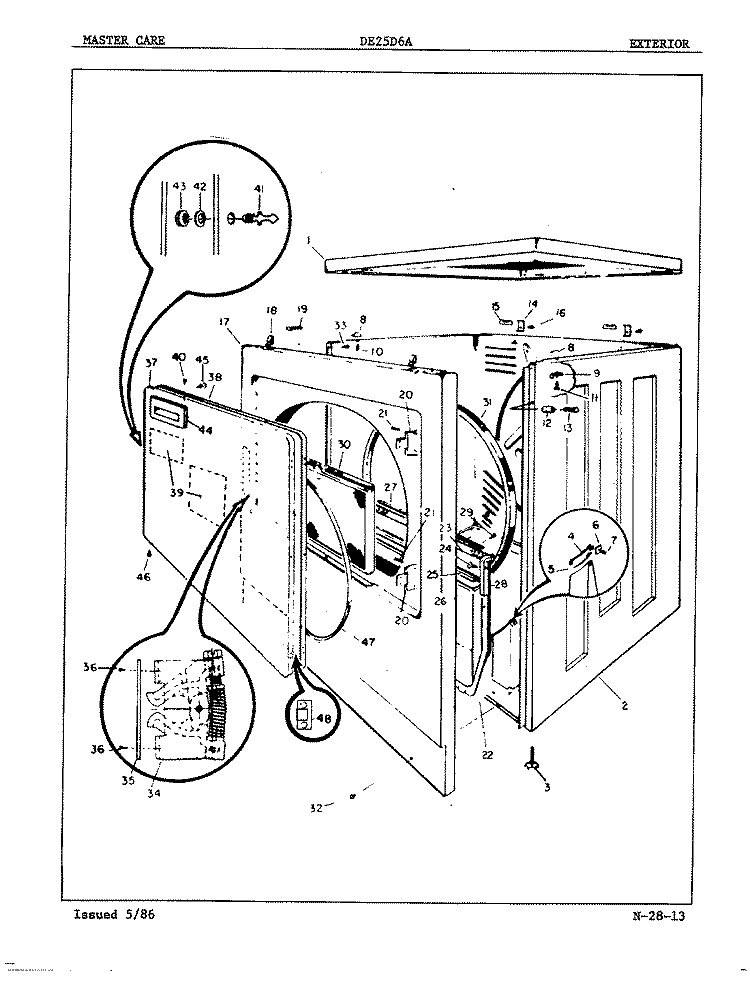 EXTERIOR Diagram and Parts List for DE25D6AM  Admiral Dryer