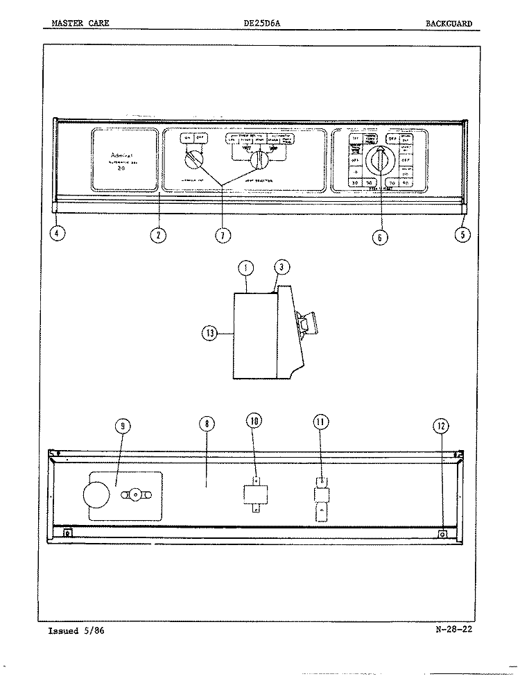 CONTROL PANEL Diagram and Parts List for DE25D6AM  Admiral Dryer