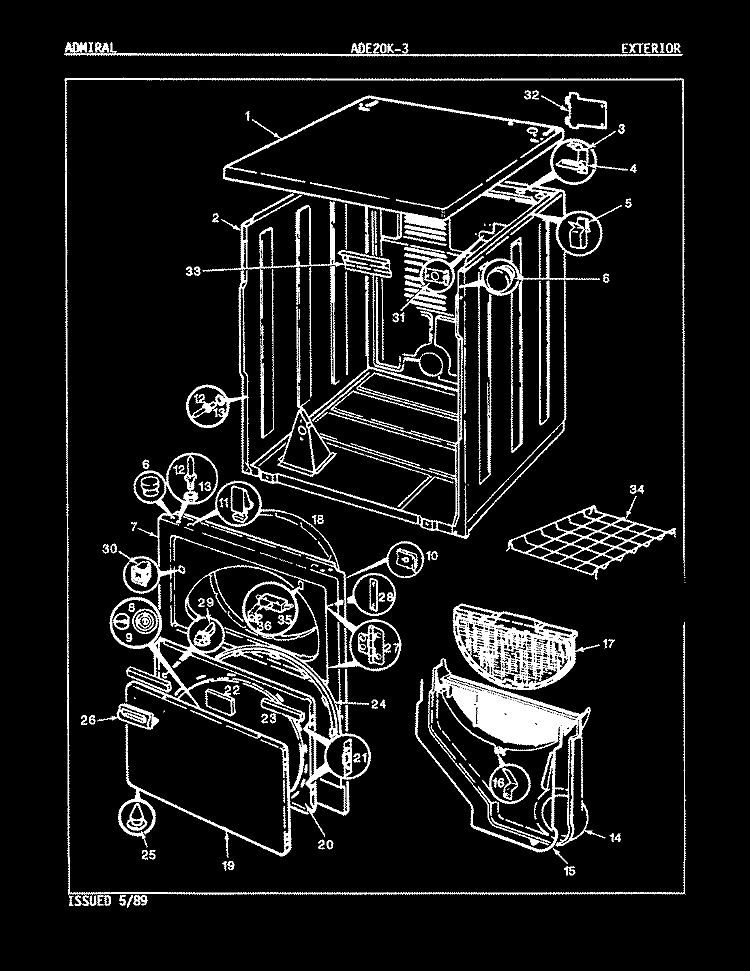 EXTERIOR (REV. E - G) Diagram and Parts List for ADE20K3W  Admiral Dryer
