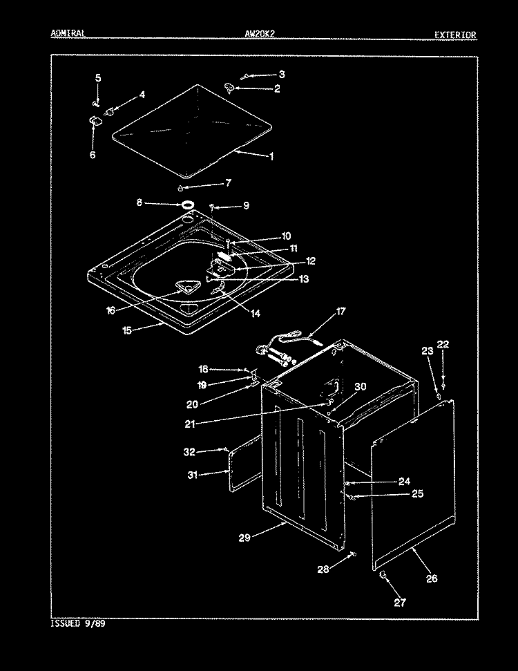 EXTERIOR (REV. E - H) Diagram and Parts List for AW20K2W  Admiral Washer