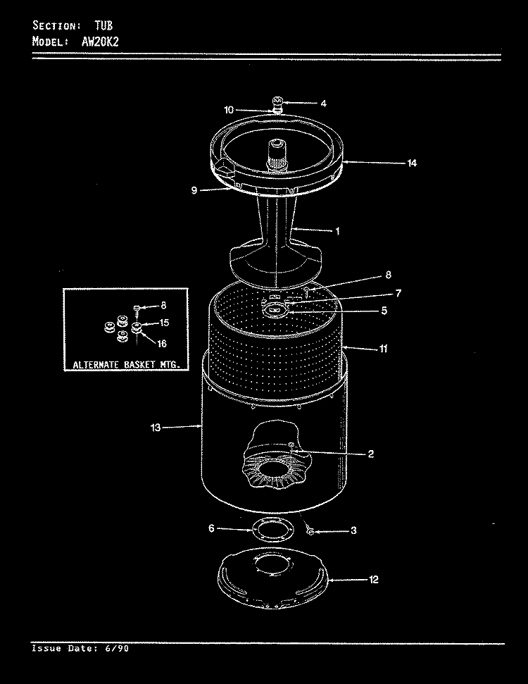 TUB (REV. E - H) Diagram and Parts List for AW20K2A  Admiral Washer