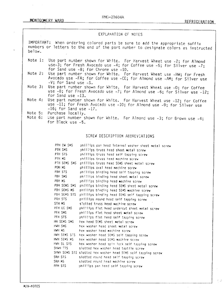 Refrigeration/screw Descript Abbrev Diagram and Parts List for 21604A  Admiral Refrigerator
