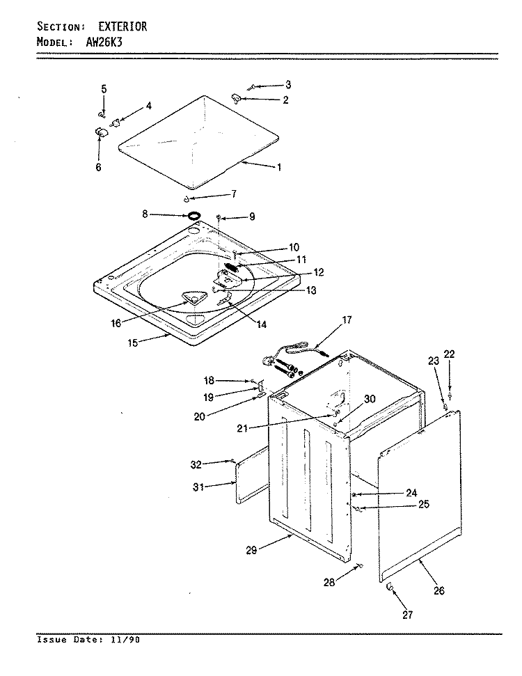 EXTERIOR (REV. E - H) Diagram and Parts List for AW26K3W  Admiral Washer