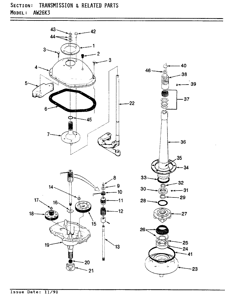 TRANSMISSION (REV. E - H) Diagram and Parts List for AW26K3A  Admiral Washer