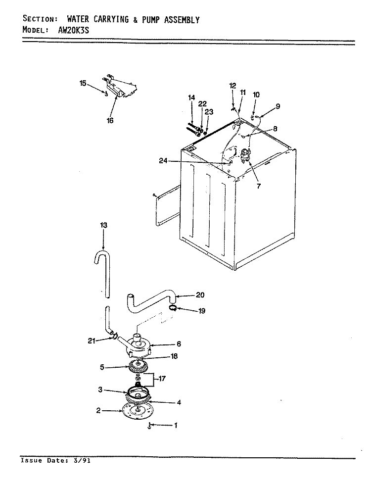 WATER CARRYING & PUMP ASSY. Diagram and Parts List for AW20K3AS  Admiral Washer