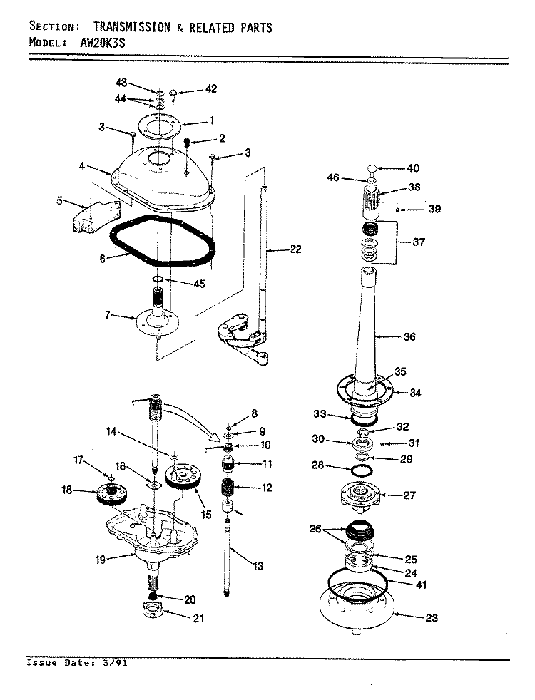TRANSMISSION & RELATED PARTS Diagram and Parts List for AW20K3AS  Admiral Washer