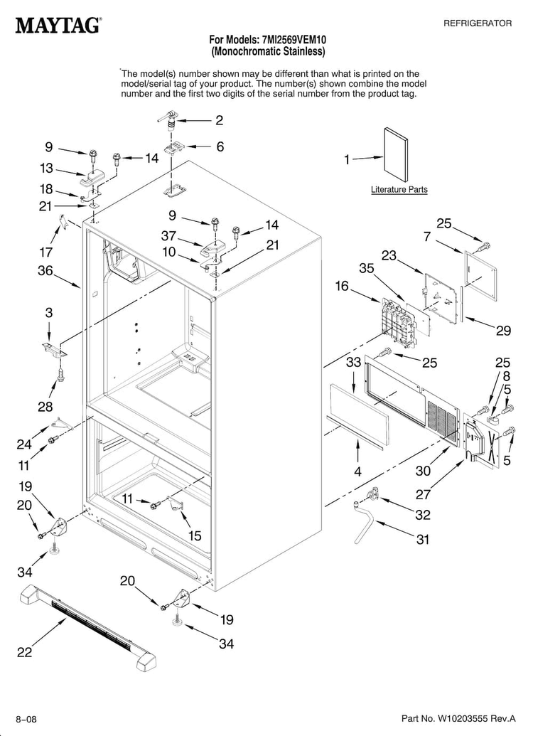 Cabinet Parts Diagram and Parts List for 7MI2569VEM10  Maytag Refrigerator