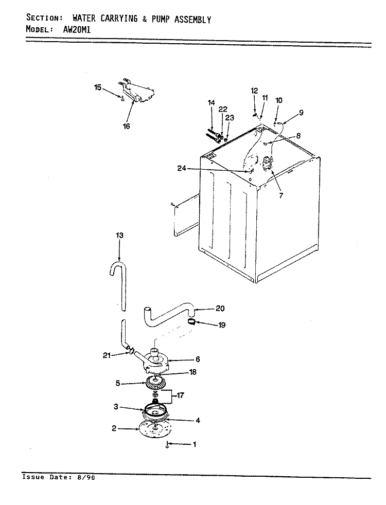 WATER CARRYING & PUMP ASSY. (REV. E - F) Diagram and Parts List for AW20M1A  Admiral Washer