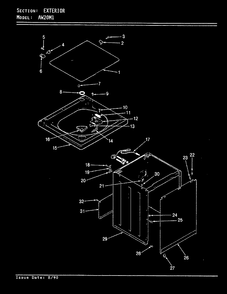 EXTERIOR (ORIG / REV. A - D) Diagram and Parts List for AW20M1W  Admiral Washer