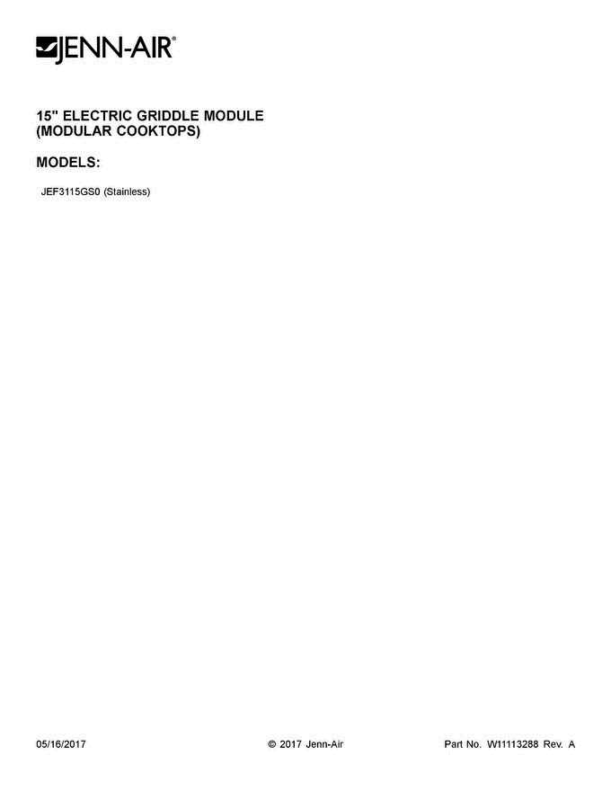 01 - Cover Sheet Diagram and Parts List for JEF3115GS0  Jenn-Air Cooktop
