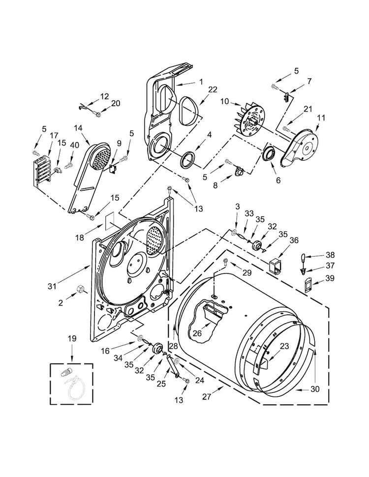 Bulkhead Parts Diagram and Parts List for NED4705EW1  Amana Dryer