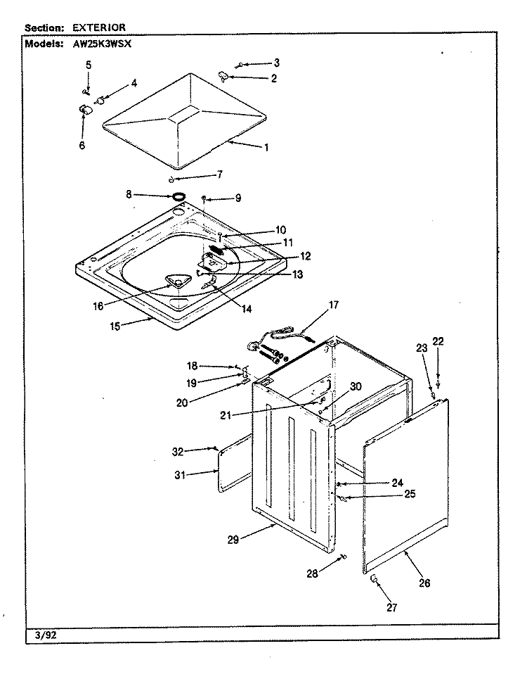 EXTERIOR Diagram and Parts List for AW25K3WSX  Admiral Washer