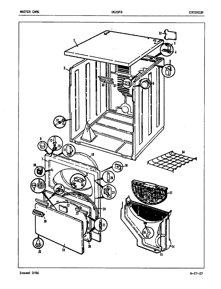 EXTERIOR (REV. J) Diagram and Parts List for DG20F8WW  Admiral Dryer