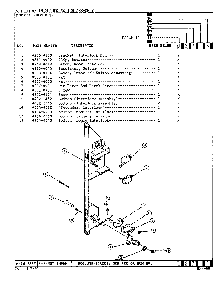 INTERLOCK SWITCH ASSY. Diagram and Parts List for MA41F-14T  Admiral Microwave