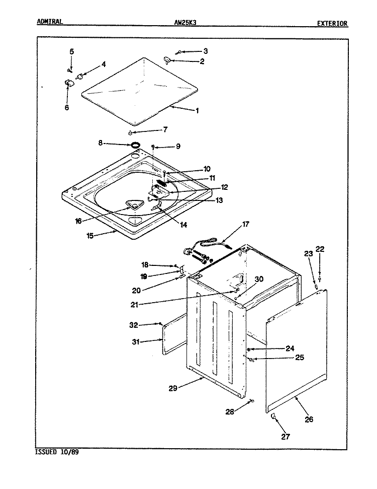 EXTERIOR (REV. E - J) Diagram and Parts List for AW25K3W  Admiral Washer