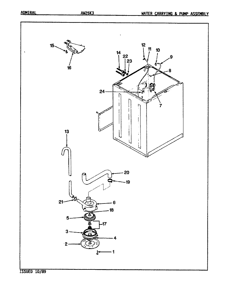 WATER CARRYING & PUMP ASSY. (REV. E - J) Diagram and Parts List for AW25K3A  Admiral Washer