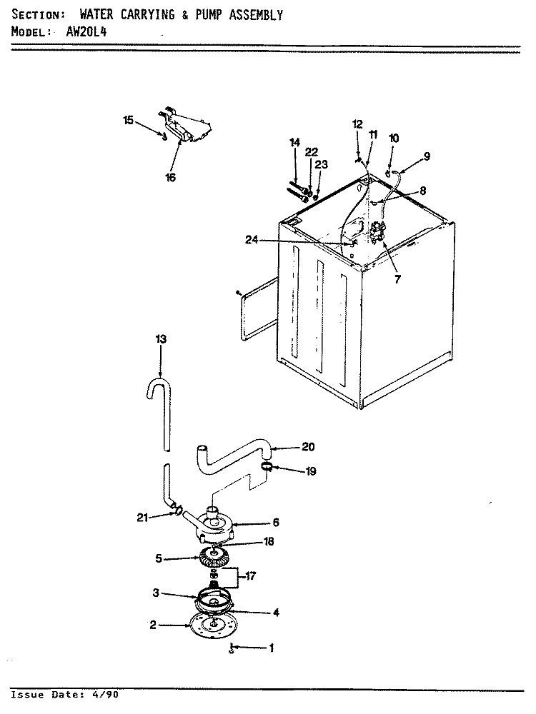 WATER CARRYING & PUMP ASSY. (REV. E - F) Diagram and Parts List for AW20L4A  Admiral Washer