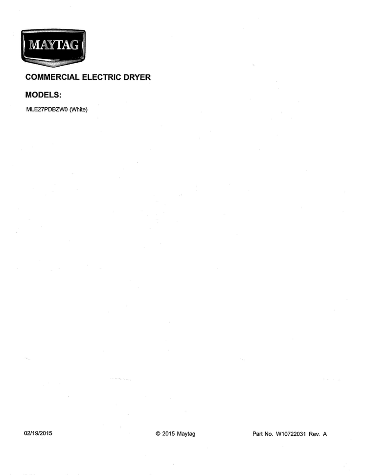 Cover Sheet Diagram and Parts List for MLE27PDBZW0  Maytag Dryer