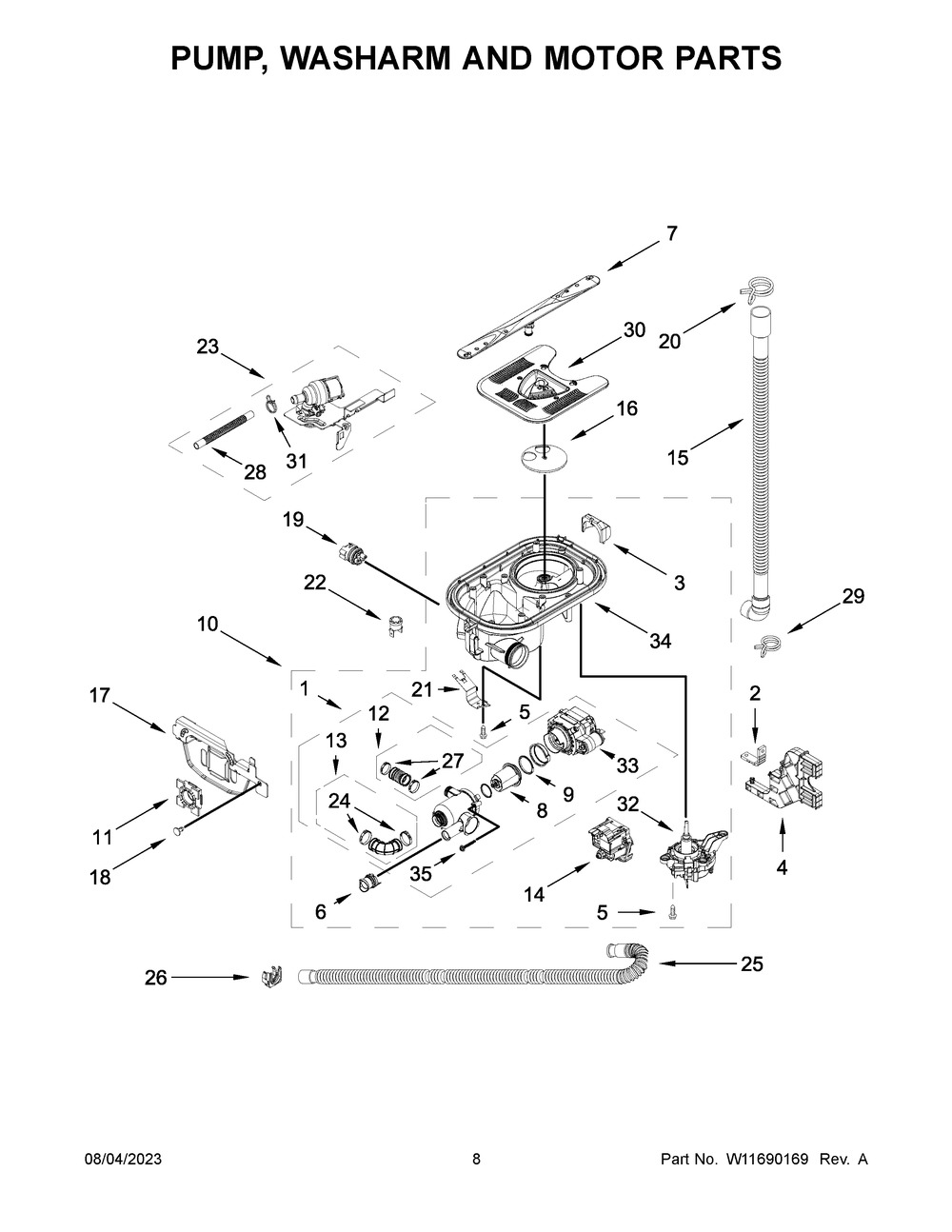 Pump, Washarm And Motor Parts Diagram and Parts List for MDB7959SKZ2  Maytag Dishwasher
