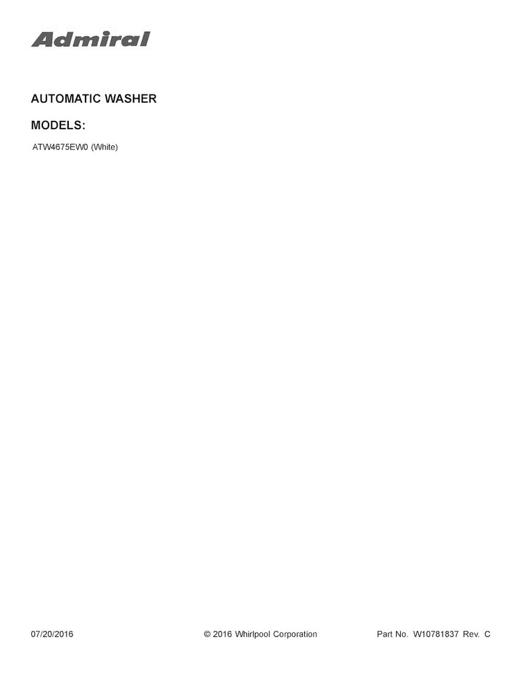 Cover Sheet Diagram and Parts List for ATW4675EW0  Admiral Washer