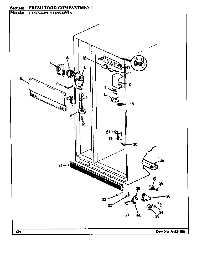 Fresh Food Compartment Diagram and Parts List for CDNS22V9A BR35E Maytag Refrigerator