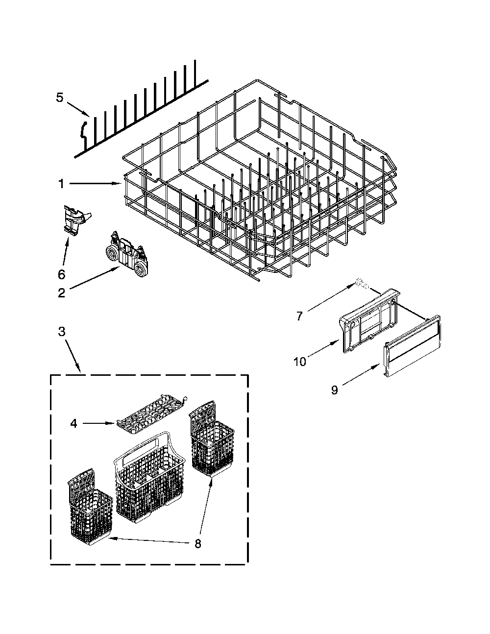 Lower Rack Parts Diagram and Parts List for 66512769K314  Kenmore Dishwasher