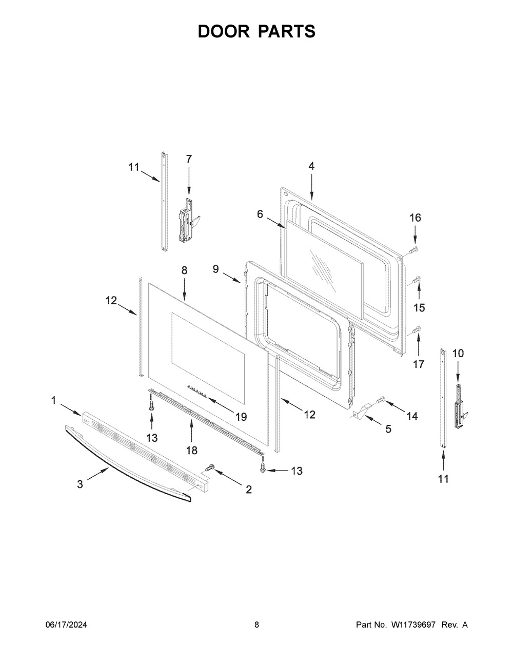 Door Parts Diagram and Parts List for ACR4303MFB8  Amana Range