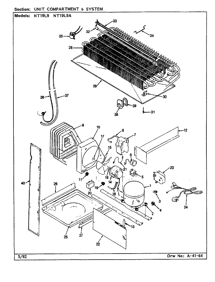 UNIT COMPARTMENT & SYSTEM Diagram and Parts List for NT19L9 CA61A Admiral Refrigerator