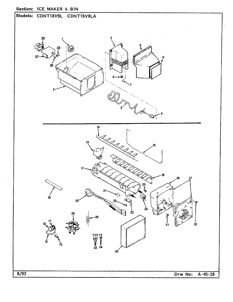 ICE MAKER & BIN Diagram and Parts List for CDNT18V9LA CC49A Admiral Refrigerator