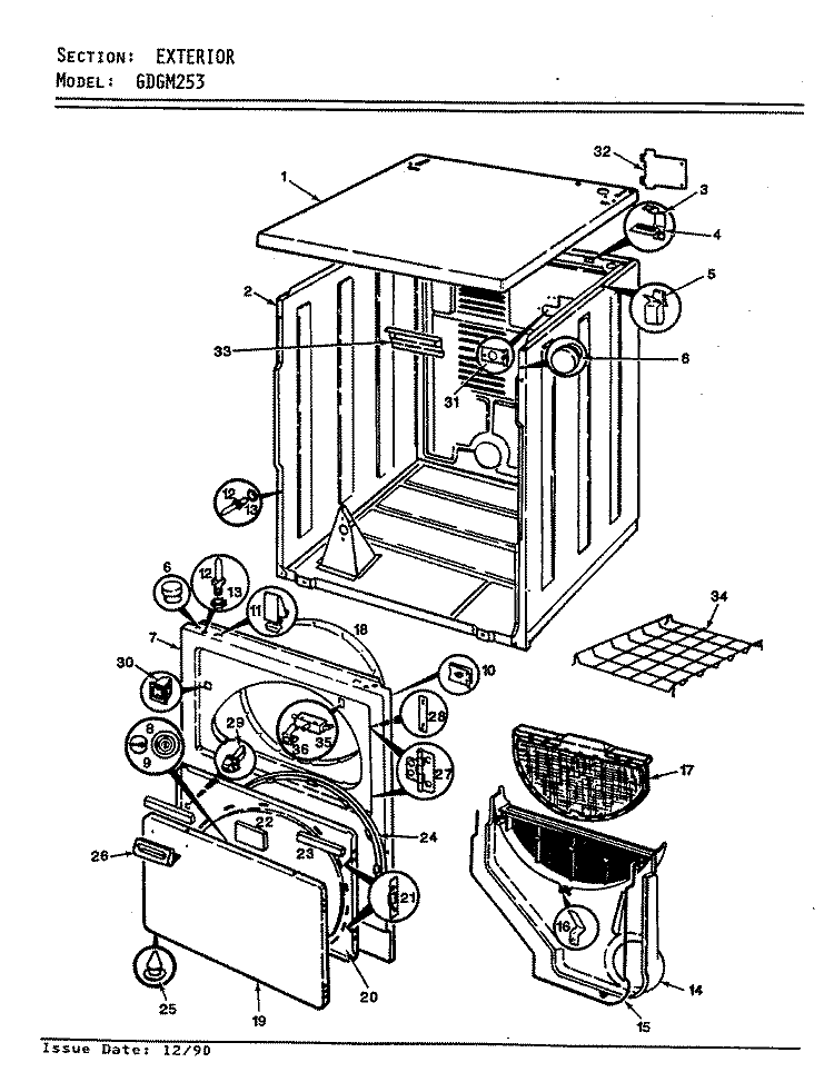 EXTERIOR (ORIGINAL) Diagram and Parts List for GDGM253W  Maytag Dryer