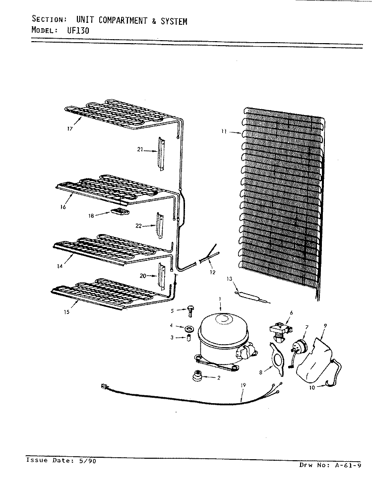 UNIT COMPARTMENT & SYSTEM Diagram and Parts List for UF130 V5ZUF0 Admiral Freezer