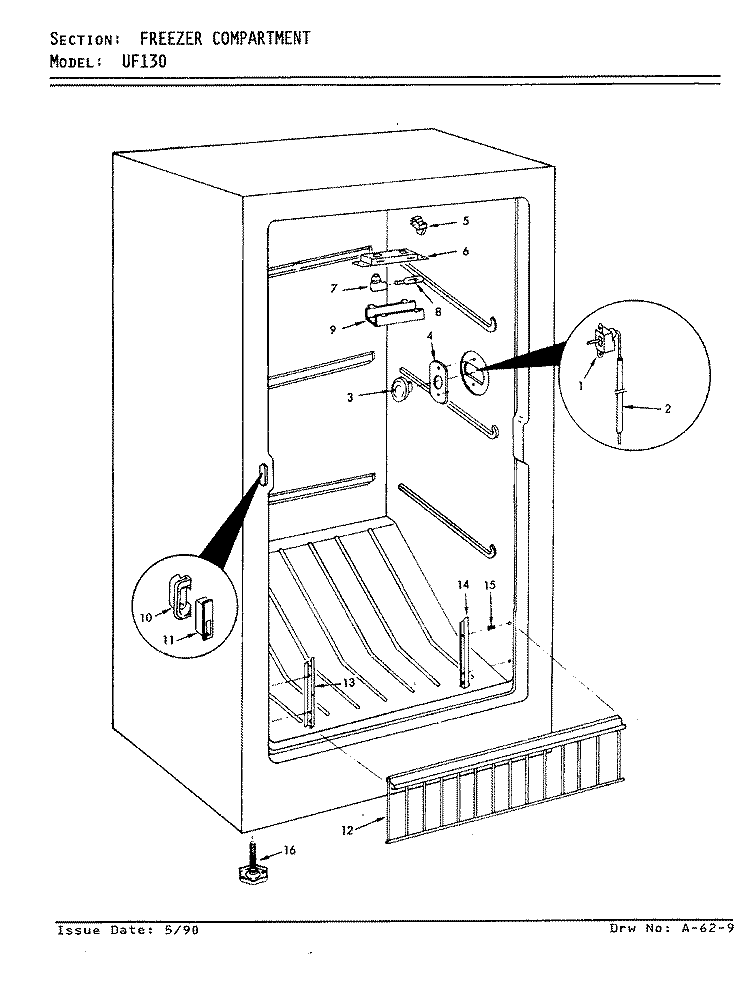 FREEZER COMPARTMENT Diagram and Parts List for UF130 V5ZUF0 Admiral Freezer