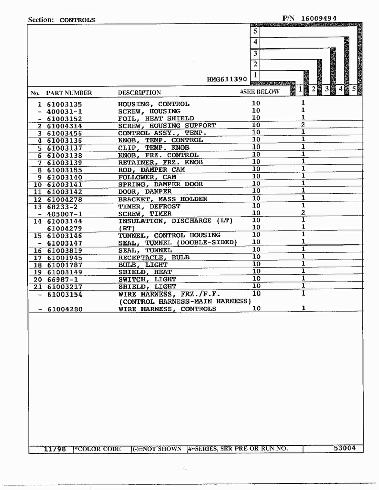Controls Page 2 Diagram and Parts List for HMG611390  Admiral Refrigerator
