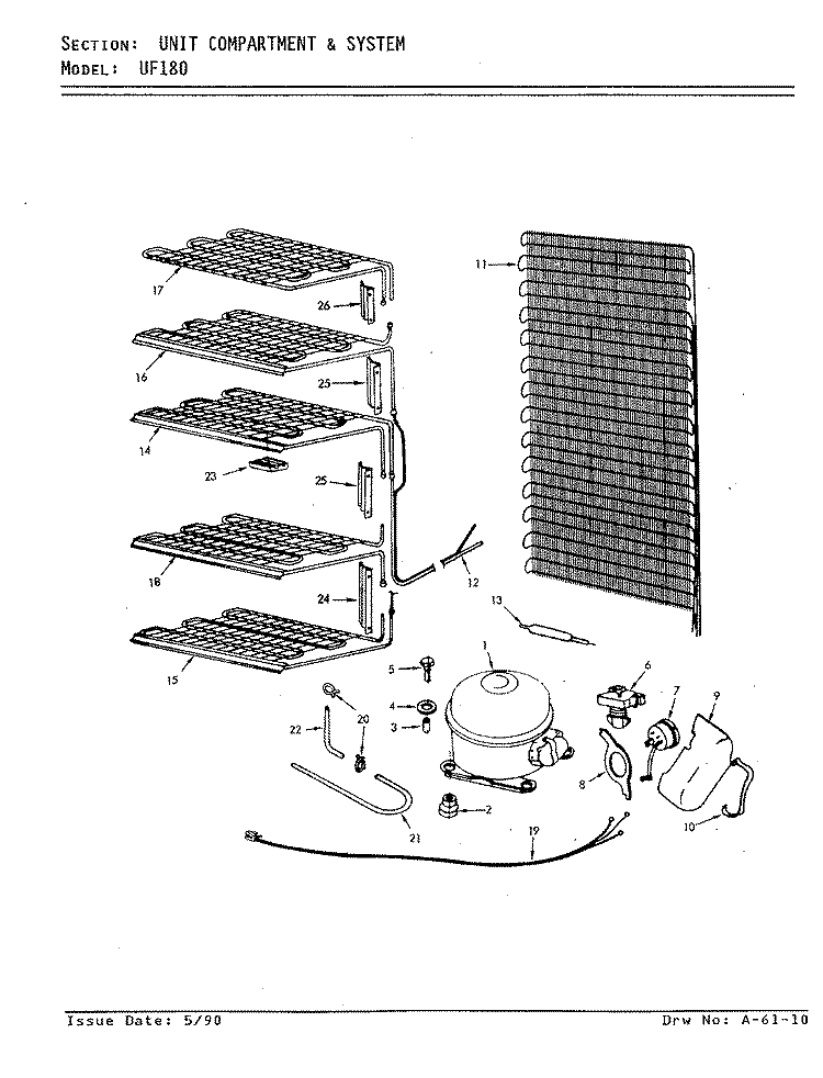 UNIT COMPARTMENT & SYSTEM Diagram and Parts List for UF180 V5ZU30 Admiral Freezer