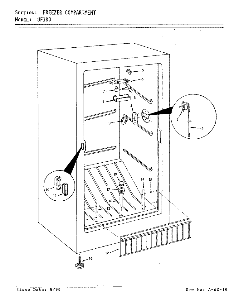 FREEZER COMPARTMENT Diagram and Parts List for UF180 V5ZU30 Admiral Freezer