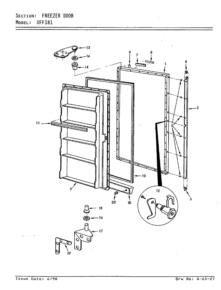 FREEZER DOOR Diagram and Parts List for UFF181 V5ZU30 Admiral Freezer