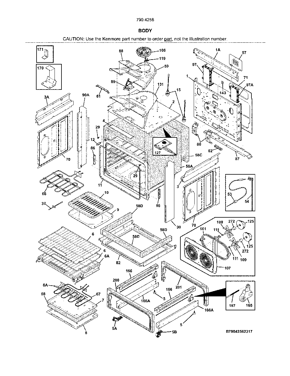 Body Diagram and Parts List for 79042562317  Kenmore Range